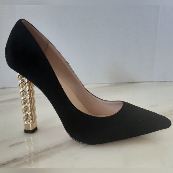 FSJ Trendy Pointed Toe High Heel Gold Metal Chain Pumps Sz 11 - Picture 5 of 10